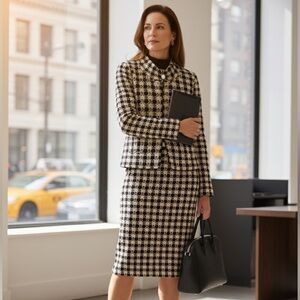 St.John Houndstooth Two Piece Set - Jacket Size 4 Skirt Size 8 Tan Black Vintage